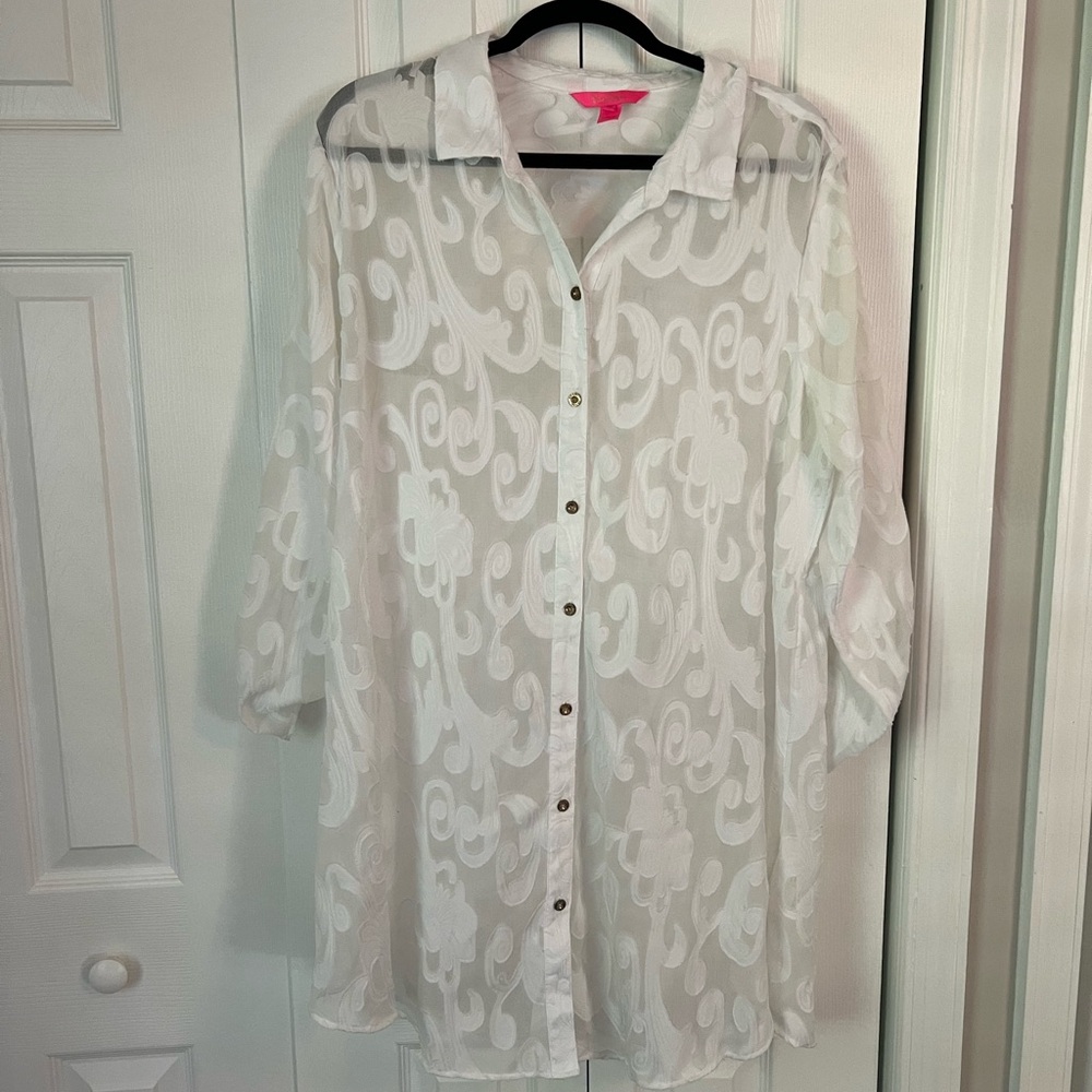 Lilly Pulitzer Natalie Shirtdress Cover-Up White Size XL Vacation Beach Coastal